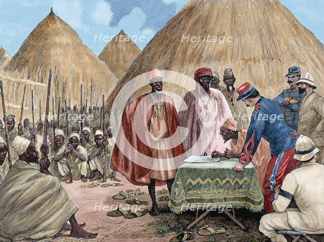 Signing a treaty between French colonists and the heads of the Kingdom of Tamisso, Africa, 1892.  Creator: Unknown.
