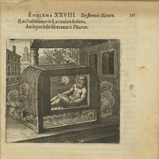 Emblem 28. The king bathes in the airy bath and is rid of the black bile by Pharut, 1618. Creator: Merian, Matthäus, the Elder (1593-1650).
