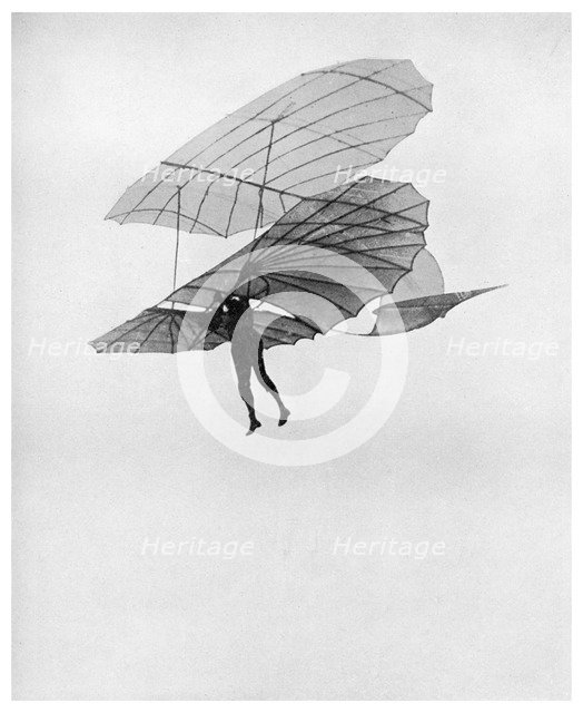 Otto Lilienthal makes one of his last flights, 1896 (1956). Artist: Unknown