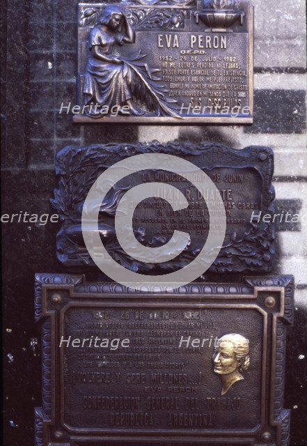 Plaque on the grave of Eva Duarte de Peron 'Evita' (1952-1982), wife of the President of Argentin…