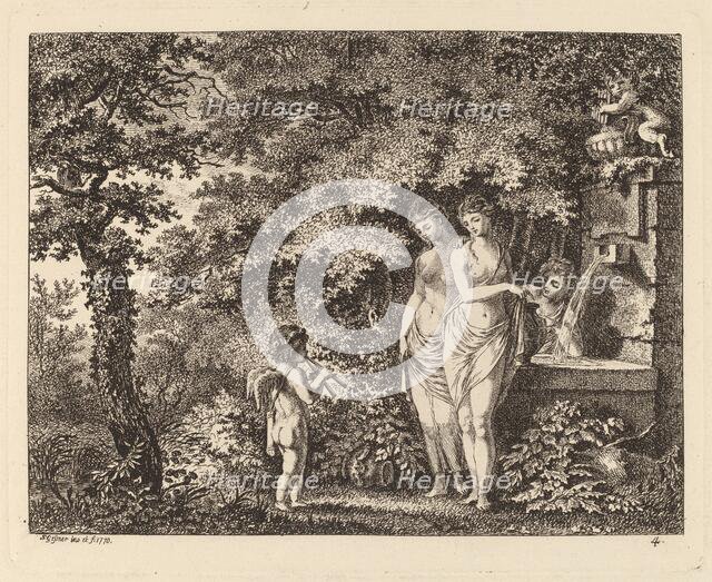 Eros with Three Girls at a Fountain, 1770. Creator: Salomon Gessner.