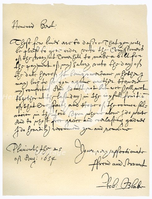 Letter from Admiral Robert Blake to the Commissioners of the Admiralty, 25th August 1654.Artist: Robert Blake