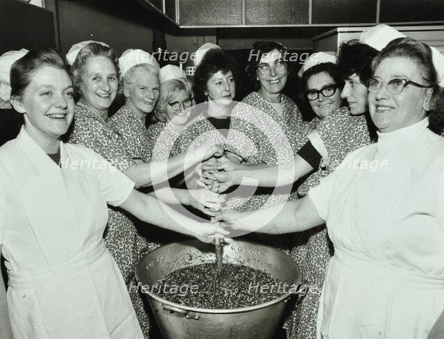 Bessemer Grange School, Camberwell, London: kitchen staff make Christmas puddings, 1970. Creator: Unknown.