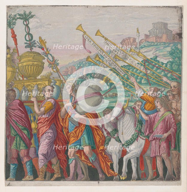Sheet 4: Men carrying trophies at left, trumpeters at right, from The Triumph of Julius Ca..., 1599. Creator: Bernardo Malpizzi.