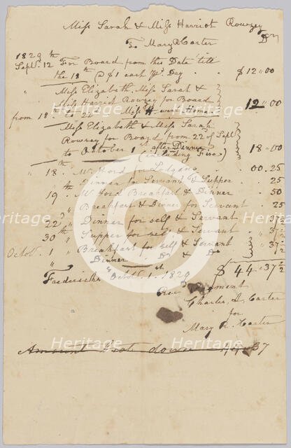 Invoice and receipt for room and board of Sarah and Harriet Rouzee and "servant", October 1829. Creator: Unknown.