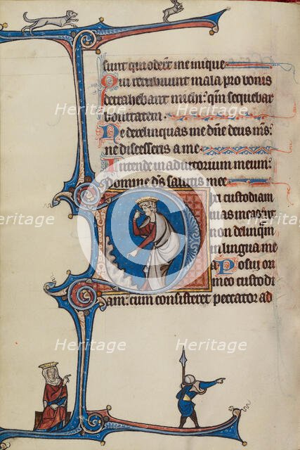 Initial D: David Pointing to His Mouth; Bute Psalter, text and illumination about 1285. Creator: Bute Master.