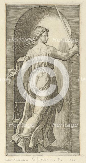 Justice personified by a young woman holding a sword in her raised right hand, scal..., ca. 1515-25. Creator: Marcantonio Raimondi.