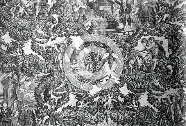 Garrick and Shakespeare with Tragedy and Comedy (Furnishing Fabric), England, c. 1790. Creator: Unknown.