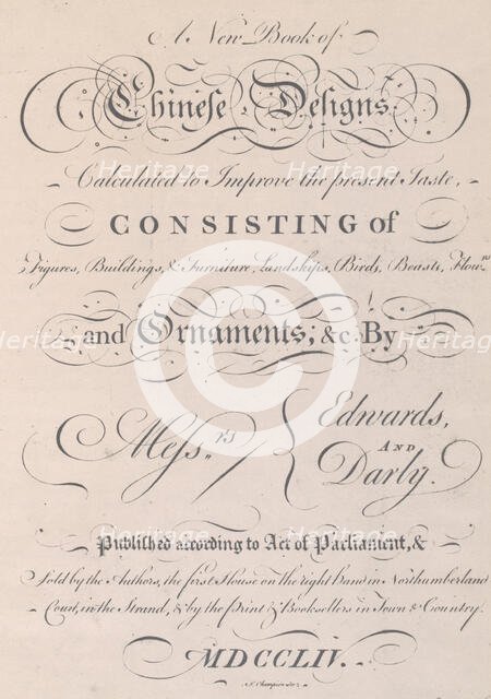 Title page of 'A New Book of Chinese Designs', 1754. Creator: Matthew Darly.