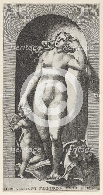 Plate 10: Venus in a niche, standing on a conch shell, with Cupid to her right, from a ser..., 1526. Creator: Giovanni Jacopo Caraglio.