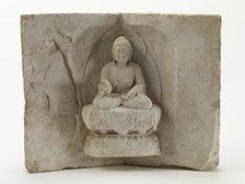 Seated Buddha with a standing monk, Tang dynasty, first half 8th century. Creator: Unknown.