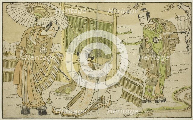 The Actors Arashi Sangoro II as Minamoto no Yoritomo (right), Segawa Kikunojo II as Yuk..., c. 1772. Creator: Shunsho.