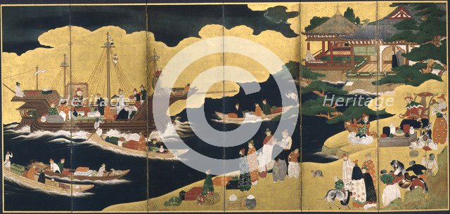 Arrival of a Portuguese ship. Nanban screen, ca. 1600. Artist: Anonymous  
