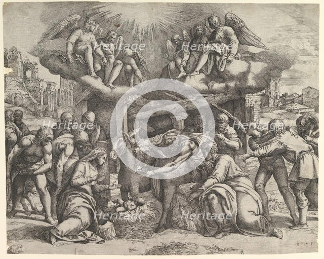 The Adoration of the Shepherds with angels overhead, ca. 1530-61. Creator: Battista Franco Veneziano.