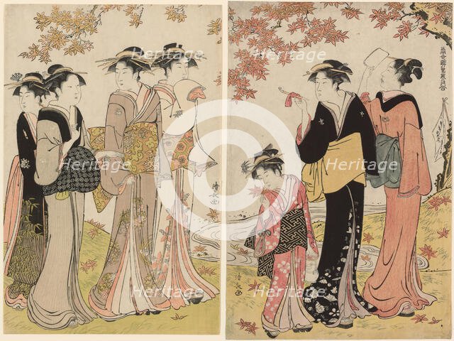 Beauties Under a Maple Tree, from the series "A Collection of Contemporary Beauties of..., c. 1784. Creator: Torii Kiyonaga.