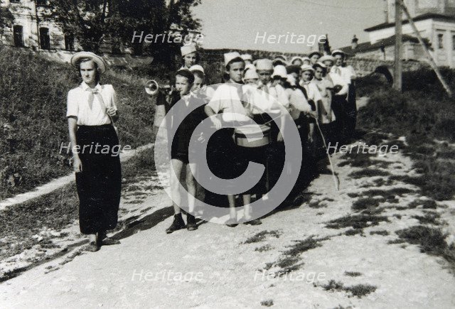 A Pioneers unit at All-Union Young Pioneer Camp Artek, Gurzuf, Crimea, USSR, 1930s(?). Artist: Unknown