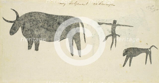 Copies after San rock-paintings of an ox, a baboon, and a man, 1777. Creator: Robert Jacob Gordon.