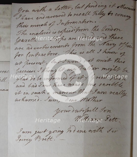 Letter from William Pitt,  between 1766 and 1770. Creator: William Pitt the Younger.
