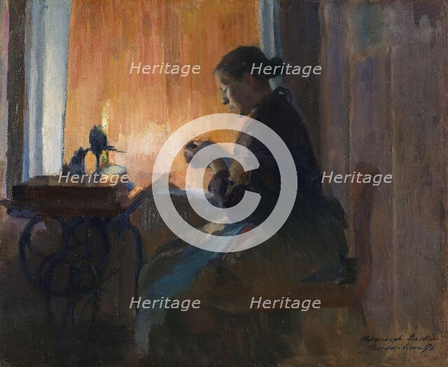 Woman Sewing by Lamplight, 1890. Creator: Harriet Backer.