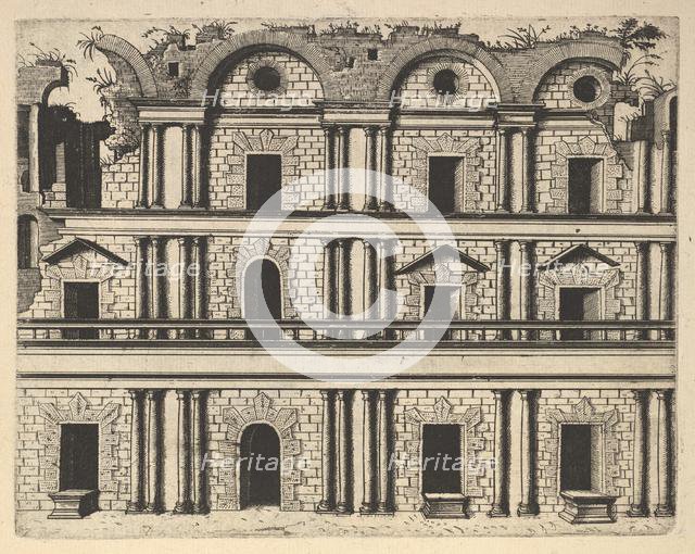 Ruin of a Palace Facade [Palatium M. Agrippa] from the series 'Ruinarum variarum fabricaru..., 1554. Creator: Lambert Suavius.