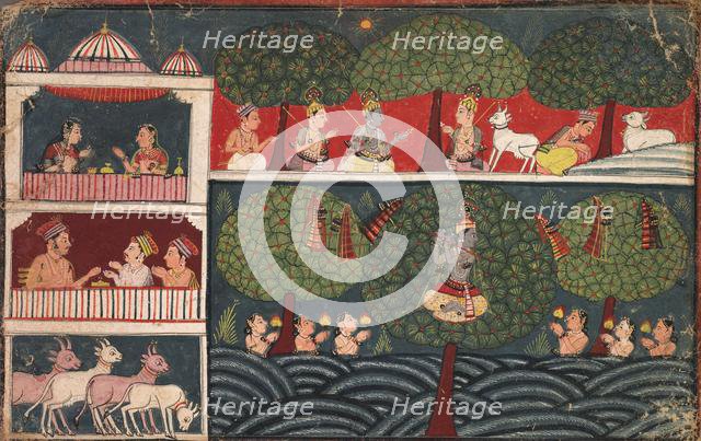 Krishna Stealing Gopis Clothes, Page from the Bhagavata Purana, c. 1650. Creator: Unknown.