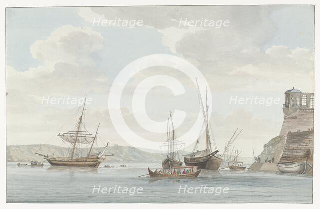 Pavilion of the Grand Master's Palace towering over the harbour, Malta, 1778.  Creator: Louis Ducros.