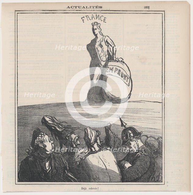 Already on her feet again!, from 'News of the day,' published in Le Charivari, Ju..., July 19, 1871. Creator: Honore Daumier.