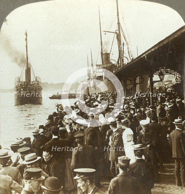 'Leaving old home and friends - waving emigrants for America, Christiania, Norway', c1905. Creator: Unknown.