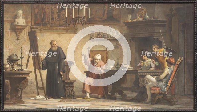 Piero della Francesca dictates the geometry rules to Luca Pacioli. Creator: Tricca, Angelo (1817-1884).