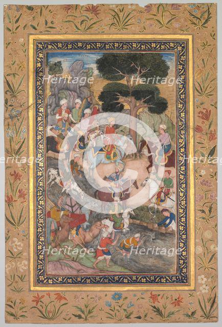 Babur meeting with Sultan Ali Mirza at the Kohik River, from a Babur-nama (Memoirs of Babur), c. 159 Creator: Unknown.