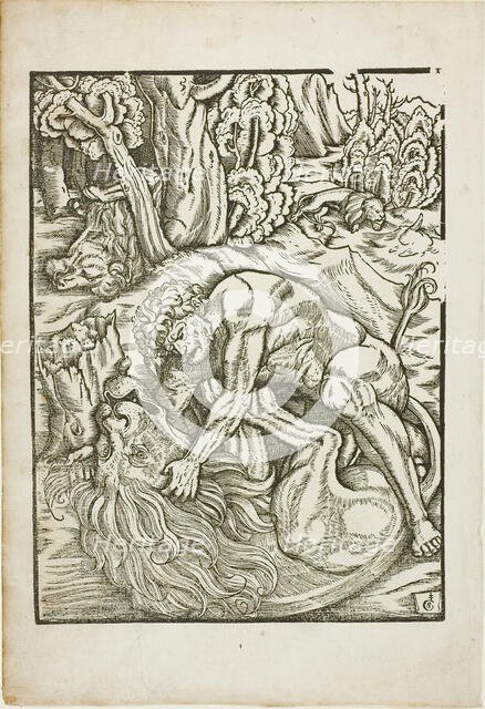 Hercules Strangling the Nemean Lion, from the Labors of Hercules, c. 1528. Creator: Gabriel Salmon.