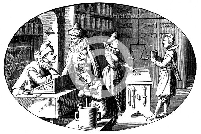 French druggist and grocer, 16th century. Artist: Anon