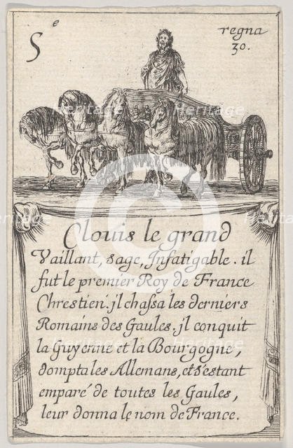 Clovis le grand / Vaillant, sage..., from 'Game of the Kings of France' (Jeu des Rois de F..., 1644. Creator: Stefano della Bella.