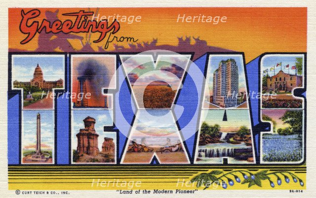 'Greetings from Texas', postcard, 1939. Artist: Unknown