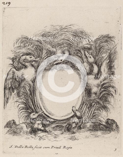 Cartouche with Ducks and Dogs, 1647. Creator: Stefano della Bella.