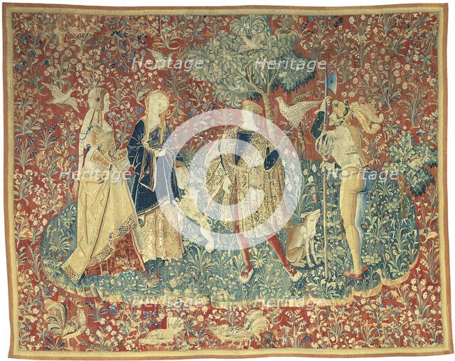 A Falconer with Two Ladies and a Foot Soldier, possibly Paris or Bruges, c. 1500. Creator: Unknown.