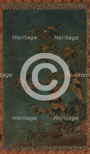Tapestry: fruit trees and hollyhocks, Ming dynasty, 1368-1644. Creator: Unknown.