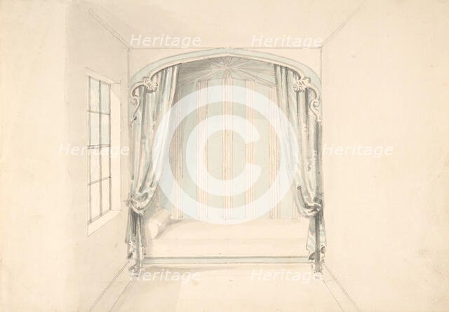 Design for a Canopied Bed with Pale Blue and White Hangings, early 19th century. Creator: Anon.