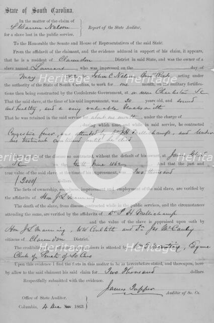 Report of South Carolina State Auditor reviewing facts and making settlement of $2,000..., 1863. Creator: Unknown.