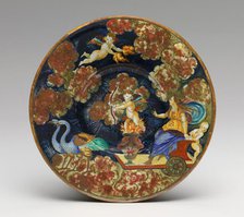 Plate with Venus in her chariot and Cupid, riding through a night sky, c. 1530/1535. Creator: Nicola da Urbino.