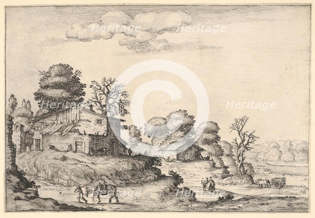 Landscape with peasant dwellings and a man leading a horse in the left foreground, from a ..., 1638. Creator: Ercole Bazicaluva.