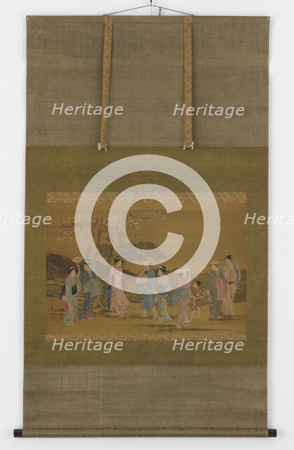 Nine people out to see cherry blossoms, Edo period, 1615-1868. Creator: Unknown.