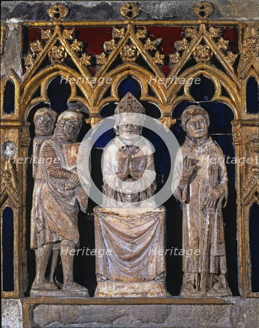  'Tomb of Saint Narcissus'. Front detail with Saint Narcissus saying Mass between warriors and an…