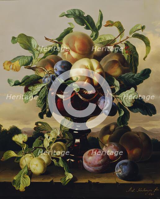 Still life with peaches and plums in a red glass bowl, 1848. Creator: Anton Hartinger.