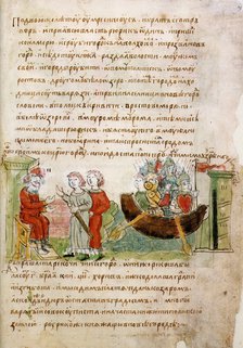 Askold and Dir asked by Rurik for a permission to go to Constantinople (from the Radziwill Chronicle), 15th century. Artist: Anonymous  