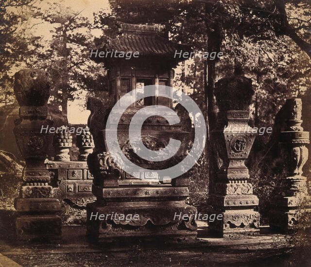 Near Beijing, China: interior of a tomb showing ornate monuments, 1860. Creator: Felice Beato.