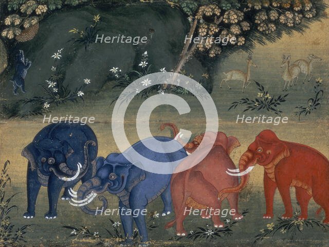 Elephants playing in the forest, 1850. Creator: Unknown.