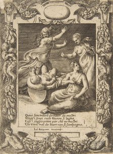 The infant Hercules killing the snakes, set within an elaborate frame, from the 'Loves,..., 1531-76. Creator: Giulio Bonasone.