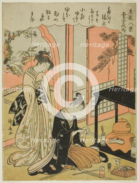 Night Rain of the Tea Stand, from the series "Eight Scenes of the Parlor (Zashiki hakkei)", c. 1777. Creator: Torii Kiyonaga.