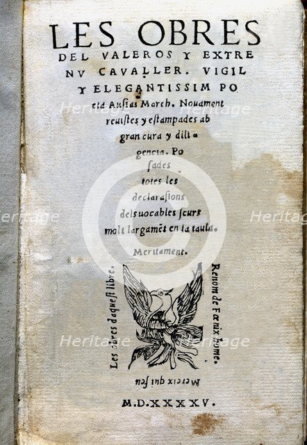 Cover of the third edition of the works by Ausias March (1397? -1459), Printed in Barcelona in 15…